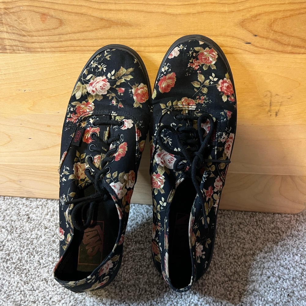 Vans Black Floral Canvas Sneakers with Red and Cream Roses